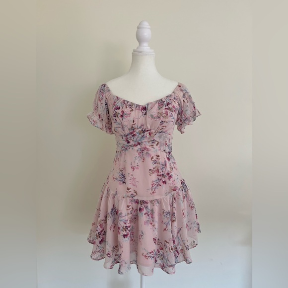 Floral Pink Dress with Frill Sleeve and Belt - Picture 1 of 2